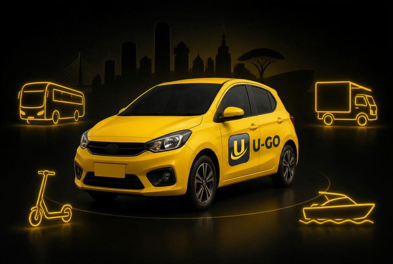 Yellow U-Go car surrounded by bus, truck, scooter and boat icons